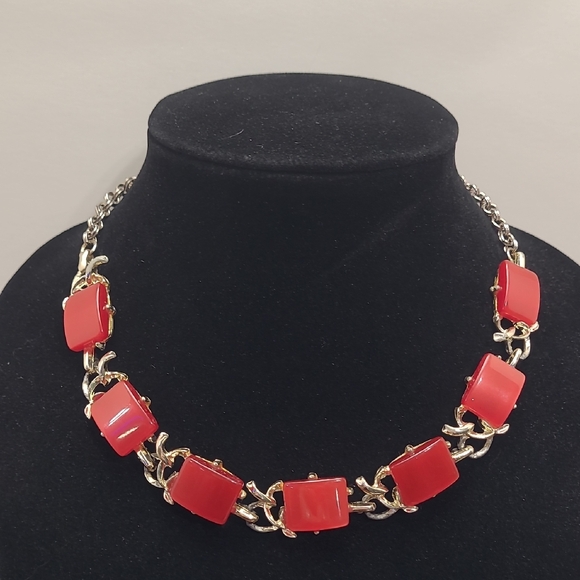 Red thermoset lucite moonglow square necklace. - Picture 1 of 5